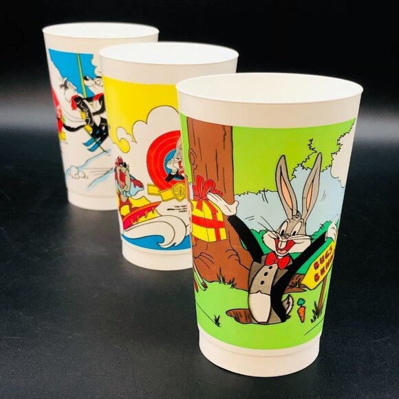 1990 Looney Tunes Plastic Tumblers Set of 3 Vintage McDonald's Coca Cola Cups - Picture 4 of 11